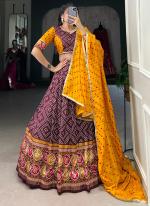 Tusser Silk Wine Traditional Wear Printed Ready To Wear Lehenga Choli